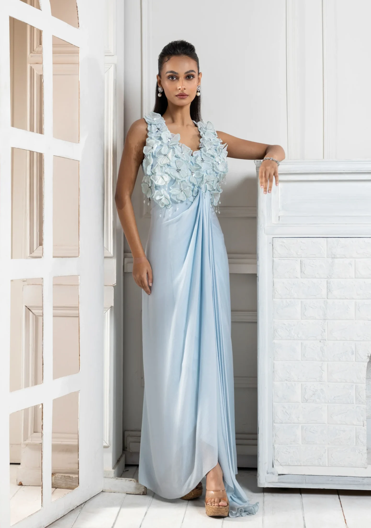 Pastel Blue Floral Applique Gown with 3D floral bodice from Golden Muslin By Anuj Agarwal