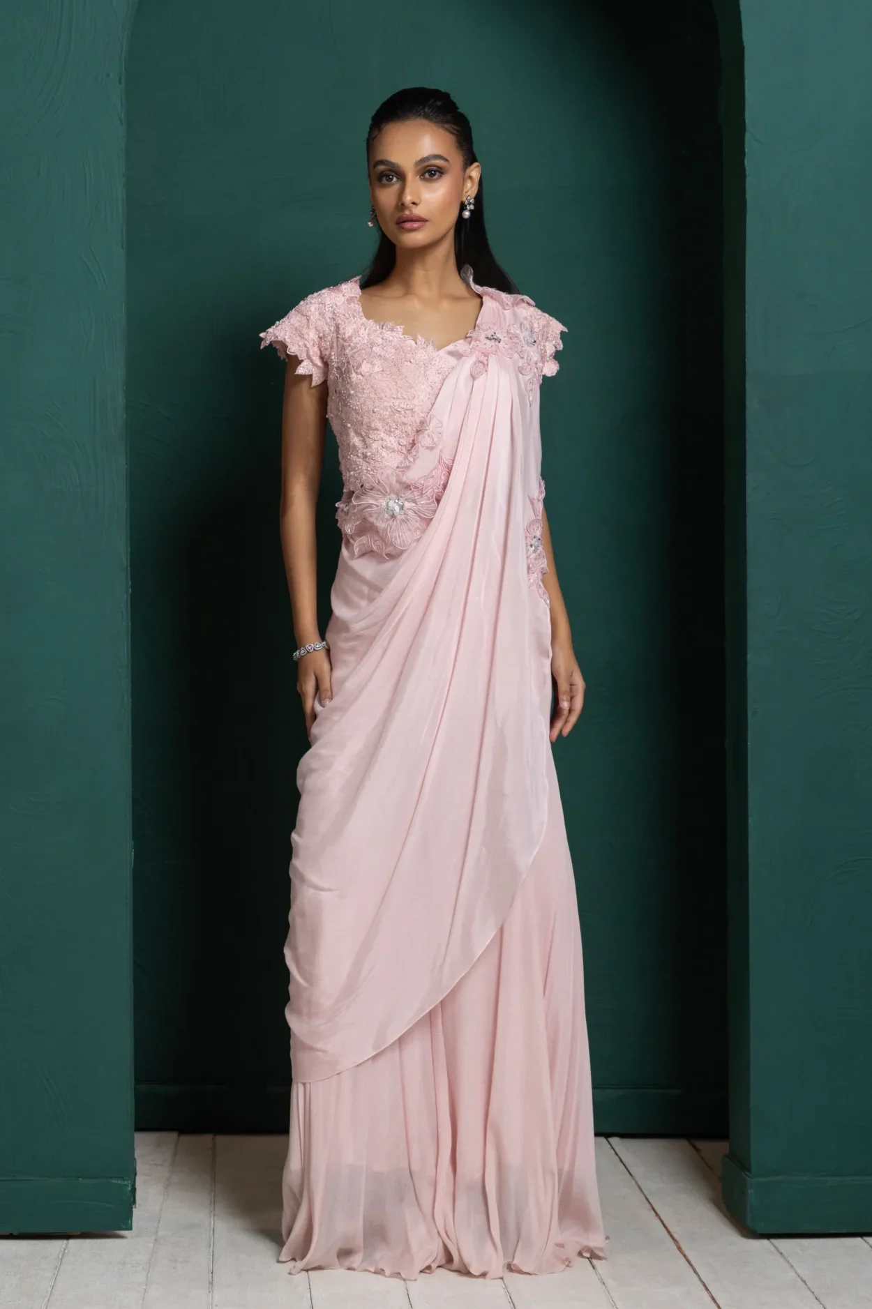 Soft Pink Draped Pant Set with floral applique bodice from Golden Muslin By Anuj Agarwal