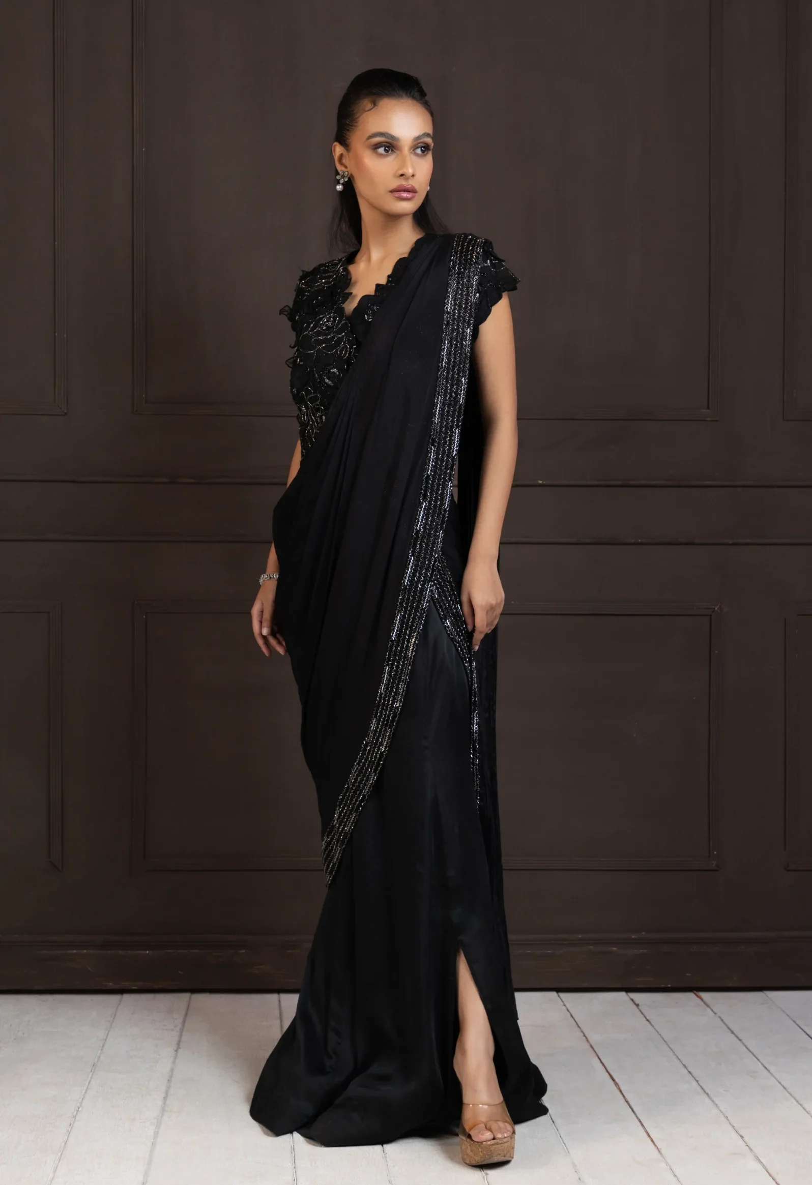 Black Embellished Designer Saree with embroidered blouse from Golden Muslin By Anuj Agarwal