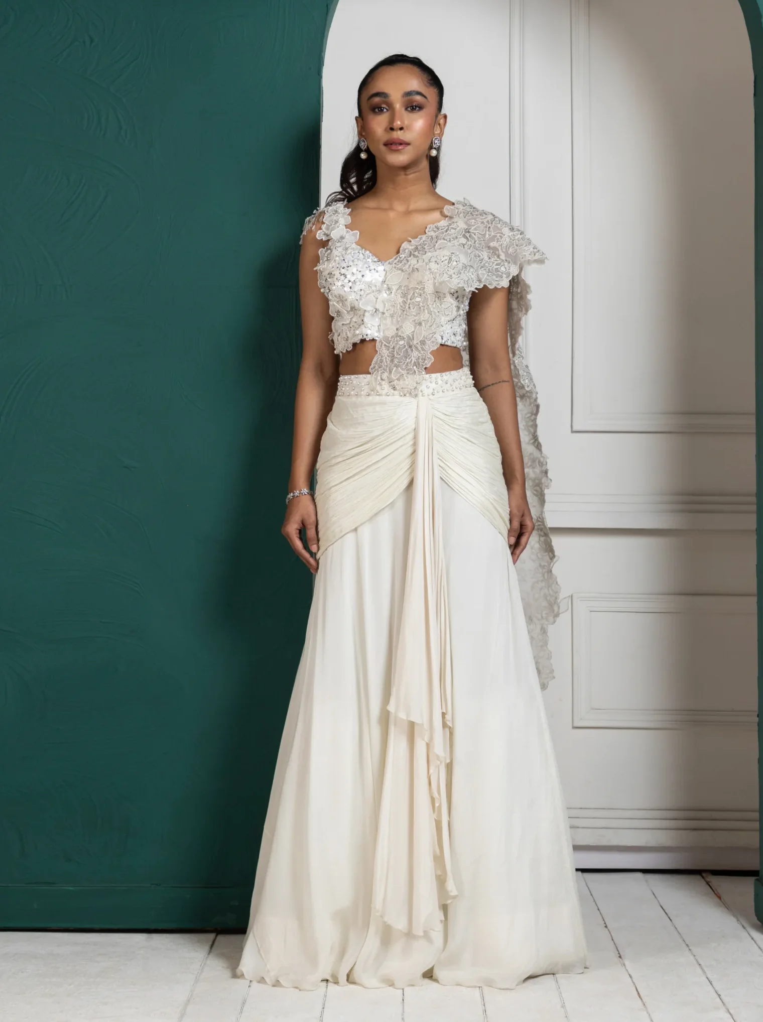 White Crystal Embellished Drape Saree Gown with lace bodice from Golden Muslin By Anuj Agarwal