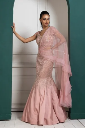 Rose Gold Embellished Lehenga Set with beadwork blouse and dupatta from Golden Muslin By Anuj Agarwal