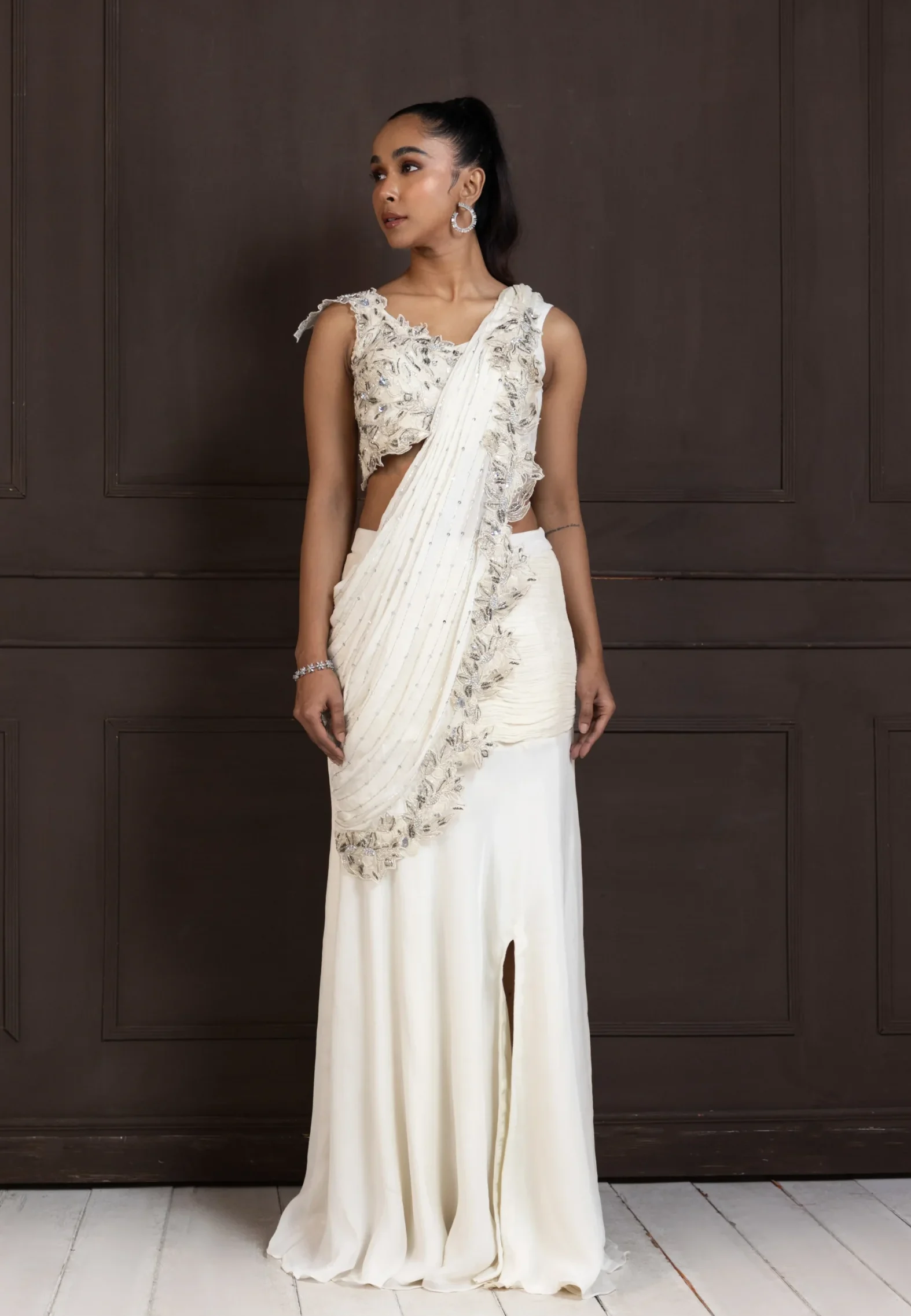 Ivory Embellished Draped Saree Gown with floral applique blouse from Golden Muslin By Anuj Agarwal