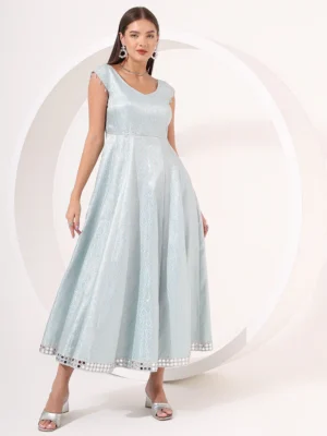 Ice Blue Brocade Anarkali Gown with Mirror Work Hem for Party & Wedding Wear