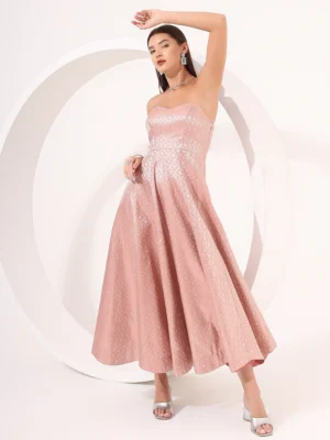 Peach Strapless Brocade Anarkali Gown for Bridesmaid, Party & Wedding Wear