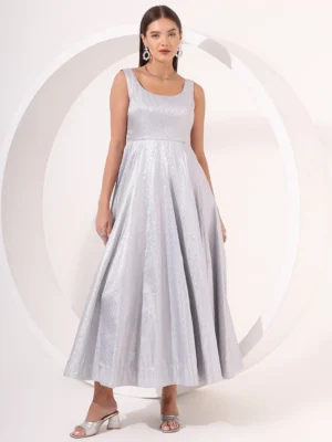 Powder Blue Brocade Anarkali Gown with Flared Silhouette for Party Wear