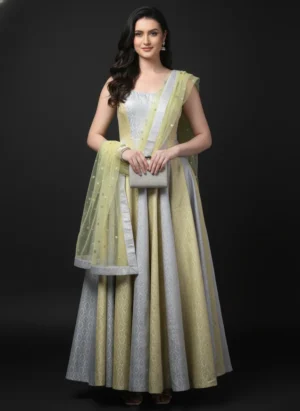 Powder Blue & Lemon Yellow Brocade Anarkali Gown with Sequined Net Dupatta