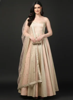 Peach & Mint Green Strapless Brocade Anarkali Gown with Sequined Net Dupatta