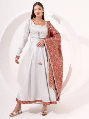 Silver Tissue Anarkali with Brocade Dupatta & Madhubala Neck for Bridal Wear