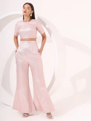 Pink Brocade Co-ord Set with Flared Pants for Party, Wedding & Festive Wear