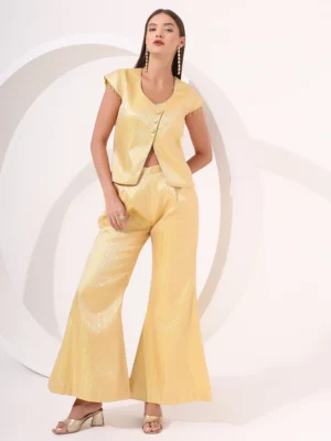 Yellow Brocade Co-ord Set with Flared Pants for Haldi, Party & Wedding Wear