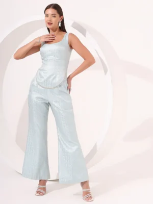 Ice Blue Brocade Co-ord Set with Flared Pants for Party & Wedding Wear