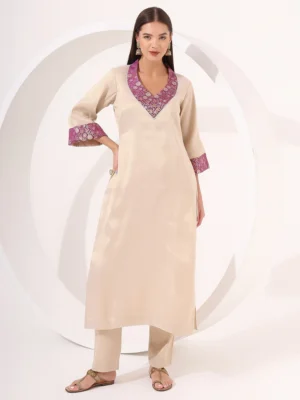 Champagne Gold Kurta Set with Magenta Brocade V-Neck for Festive Wear