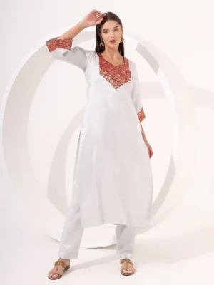 Silver Tissue Straight Kurta Set with Magenta Brocade V-Neck for Festive Wear