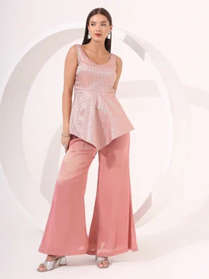 Peach Asymmetrical Brocade Peplum Top with Gold Tissue Palazzo Pants Set
