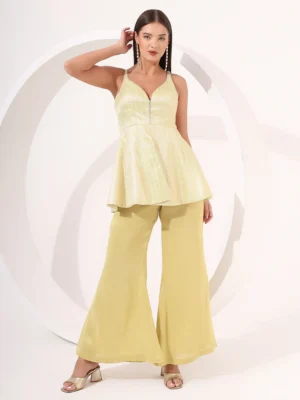 Lemon Yellow Brocade Peplum Top with Gold Tissue Palazzo Pants Set