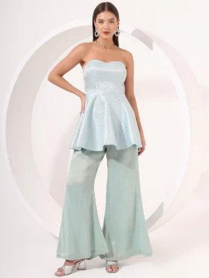Ice Blue Brocade Strapless Peplum Top with Gold Tissue Palazzo Pants Set