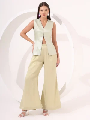 Mint Green Brocade Peplum Top with Gold Tissue Palazzo Pants for Party Wear