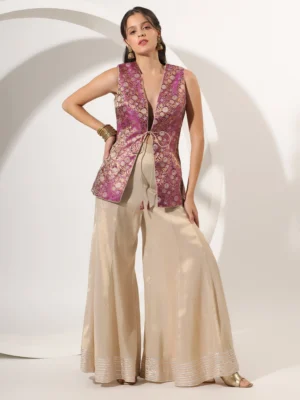 Gold Sharara Set with Magenta Brocade Tie-Up Jacket for Festive & Wedding Wear