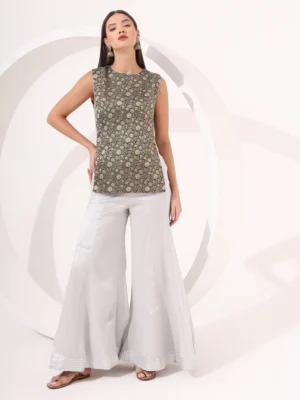 Silver Sharara Set with Brocade Side-Cut Tie-Up Jacket for Festive Wear