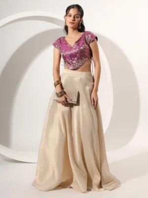 Champagne Gold Skirt Set with Magenta Brocade Asymmetric V-Neck Crop Top