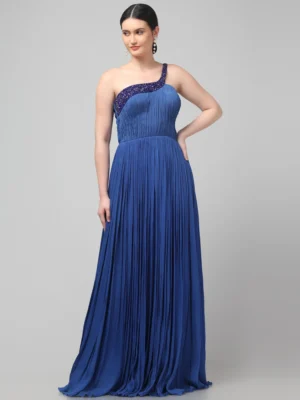 Royal Blue One-Shoulder Pleated Evening Gown with Hand Embellished Neckline