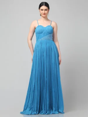 Sky Blue Strap Pleated Evening Gown with Hand Embellished Neckline