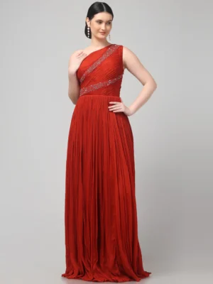 Rust Orange One-Shoulder Pleated Evening Gown with Hand Embellished Neckline