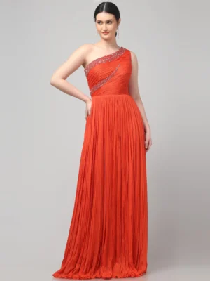 Orange One-Shoulder Pleated Evening Gown with Hand Embellished Neckline