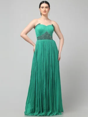 Emerald Green Off-Shoulder Pleated Evening Gown with Embellished Neckline