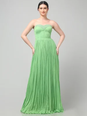 Tea Green Off-Shoulder Pleated Evening Gown with Hand Embellished Neckline
