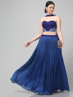 Royal Blue Strapless Corset Set with Pleated Skirt and Drape Dupatta