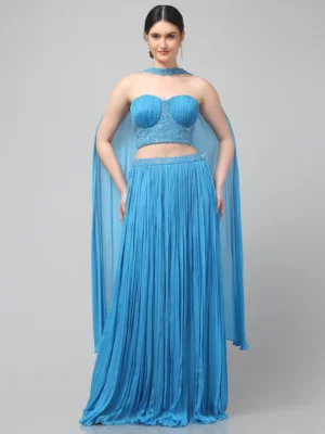 Sky Blue Corset Set with Pleated Skirt and Attached Drape Dupatta