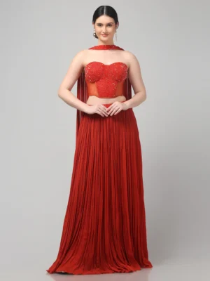 Rust Orange Strapless Corset Set with Pleated Skirt and Drape Dupatta
