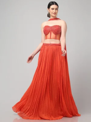 Orange Strapless Corset Set with Pleated Skirt and Drape Dupatta