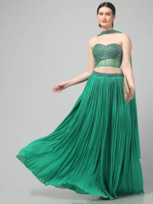 Emerald Green Strapless Corset Set with Pleated Skirt and Drape Dupatta