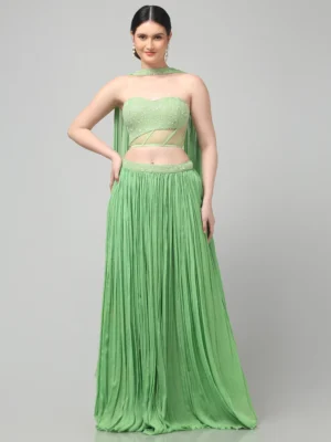 Tea Green Strapless Corset Set with Pleated Skirt and Drape Dupatta