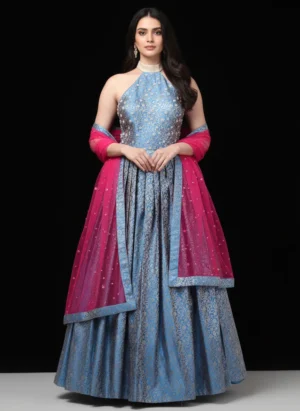 Blue Banarasi Gown with Zari Motifs and Magenta Net Dupatta