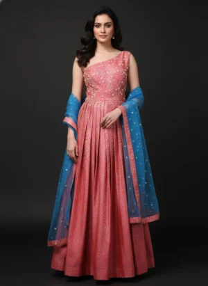 Watermelon Pink One-Shoulder Banarasi Gown with Blue Net Dupatta