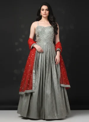 Grey Banarasi Gown with Zari and Sequin Work with Red Net Dupatta