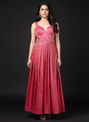 Magenta Banarasi Gown with Zari Motifs and Green Net Dupatta