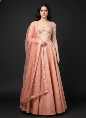Peach Banarasi Lehenga with Beaded Brocade Blouse and Net Dupatta