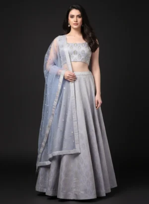 Neutral Lavender Banarasi Lehenga with Pearl One-Shoulder Blouse & Net Dupatta