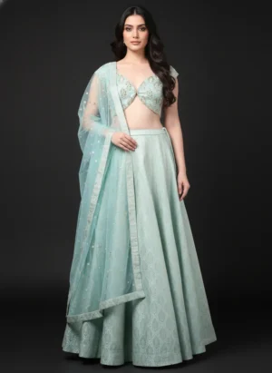 Misty Aqua Banarasi Lehenga with Pearl Brocade Blouse and Net Dupatta