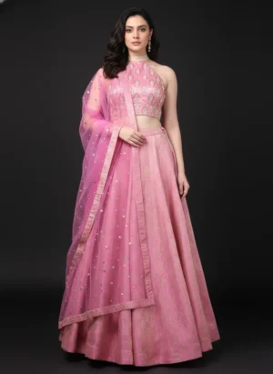 Medium Pink Banarasi Lehenga with Pearl Brocade Blouse and Net Dupatta