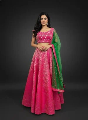 Magenta Banarasi Lehenga with Beaded Brocade Blouse and Green Net Dupatta