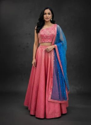 Watermelon Pink Banarasi Lehenga with One-Shoulder Pearl Blouse & Blue Dupatta