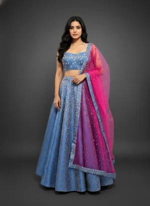 Regal Blue Banarasi Lehenga with Pearl Brocade Blouse & Magenta Net Dupatta