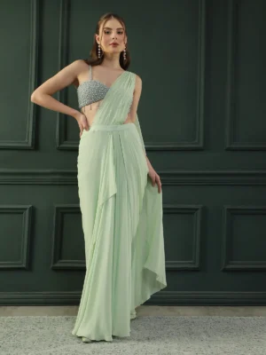 Mint Green Pre-Draped Georgette Saree with Pearl Embellished Blouse