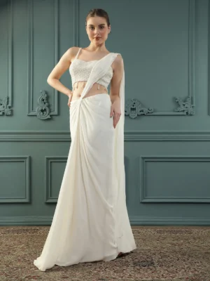 Pearl White Pre-Draped Georgette Saree with Pearl Embellished Blouse