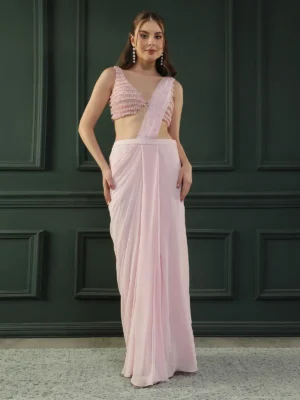 Powder Pink Pre-Draped Georgette Saree with Hand Embellished Pearl Blouse
